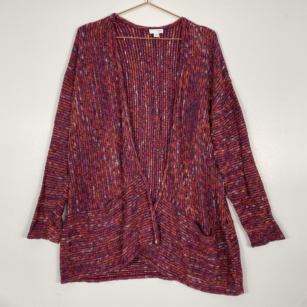 J Jill Cardigan Sweater Womens XL Multicolor Marled Open Front Pockets Knit